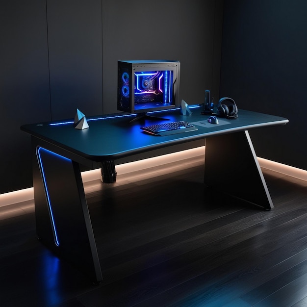 a computer desk with a digital clock on it and a blue led light on the top