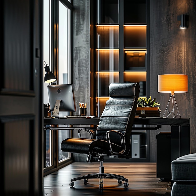 a computer desk with a lamp and a lamp on it