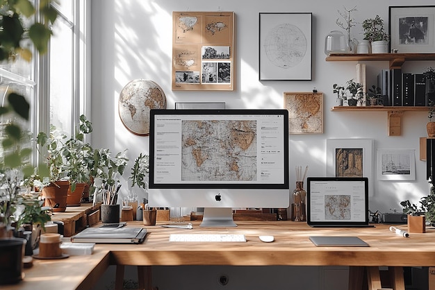 Photo a computer desk with a map of the world on it