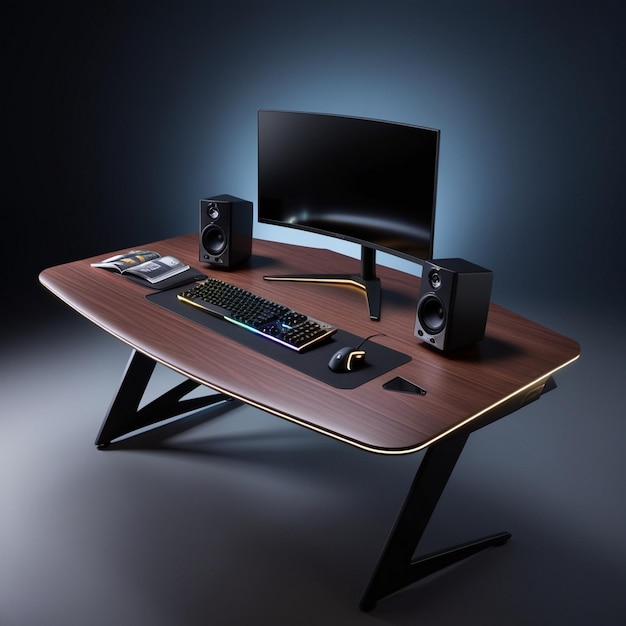 a computer desk with a monitor on it and a black background