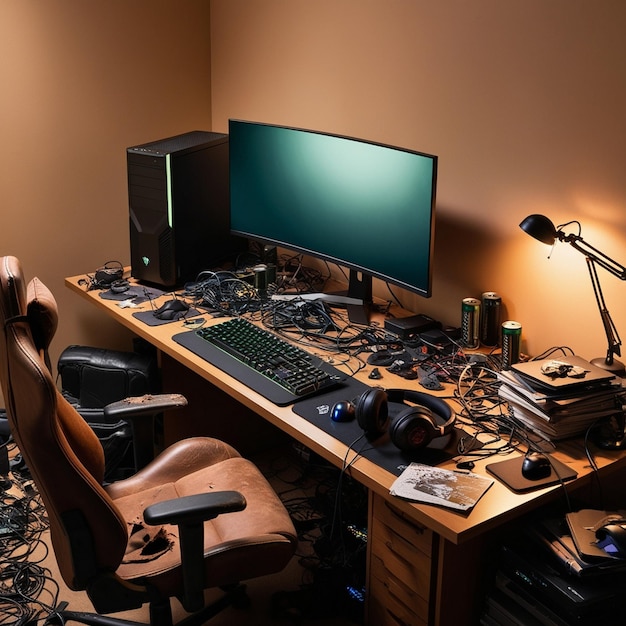 a computer desk with a monitor keyboard and headphones on it