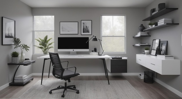 a computer desk with a monitor and a keyboard on it