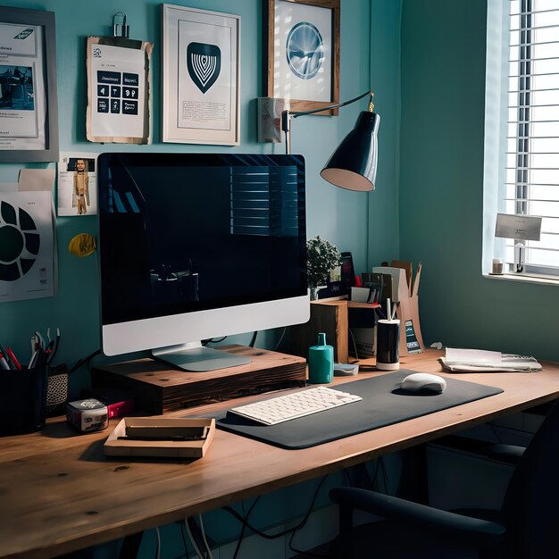 a computer desk with a monitor and a picture of a heart on it