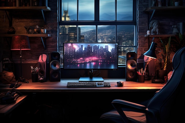 A computer desk with a monitor and speakers