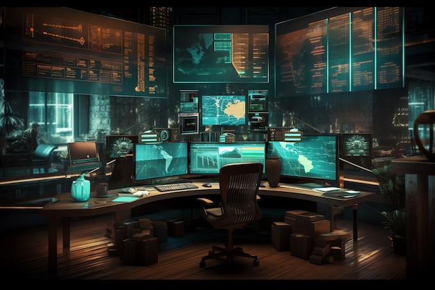 A computer desk with a monitor that says'cyberpunk'on it