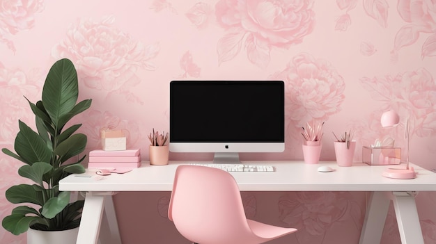 a computer desk with a pink chair