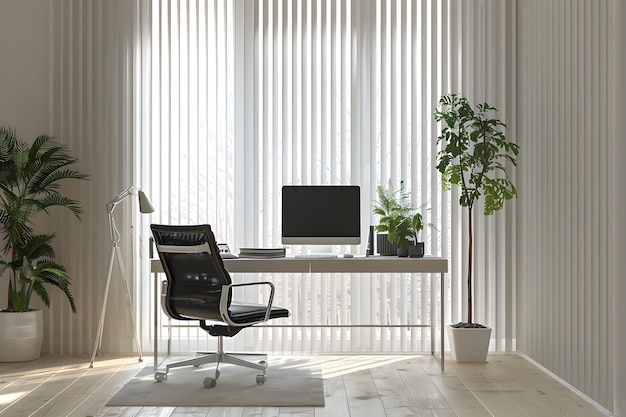 a computer desk with a plant on the corner