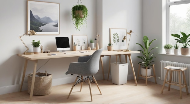 a computer desk with a plant on it and a picture of a plant on the wall