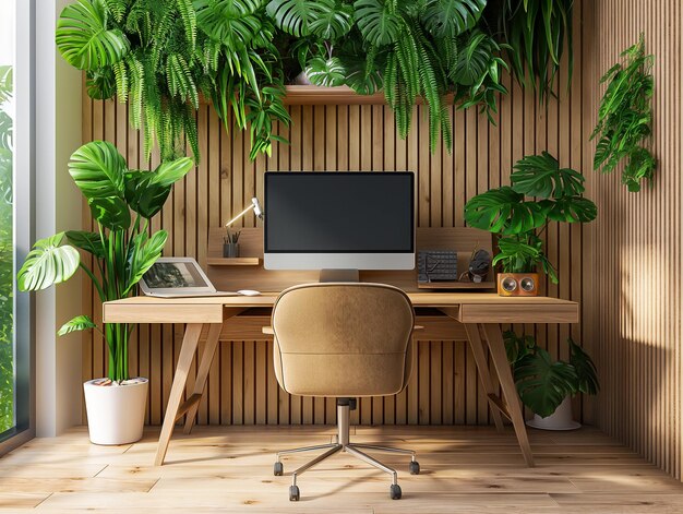 A computer desk with a plant on the wall and a monitor on the desk