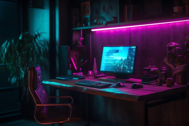 A computer desk with a purple light