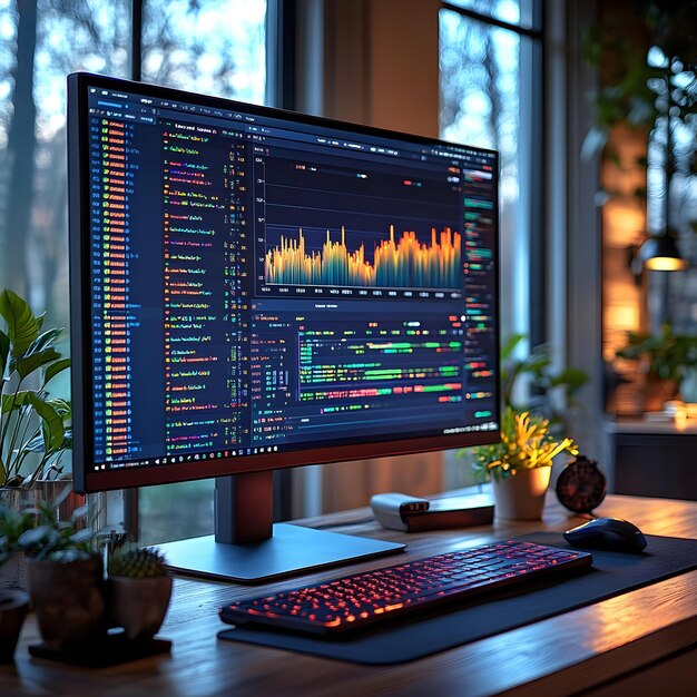 Photo computer desk with stock market data on monitor illustration