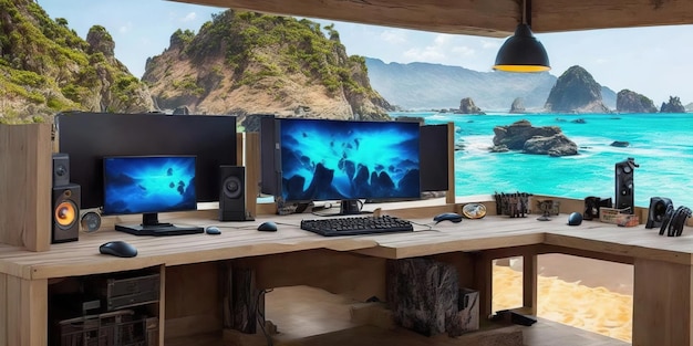 A computer desk with three monitors and a beach scene in the background.