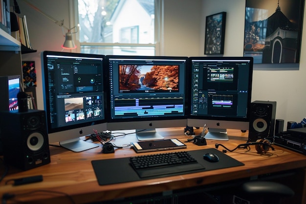 a computer desk with three monitors and a keyboard on it