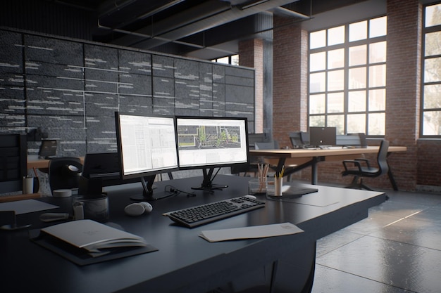 A computer desk with two monitors on it and a window in the background.