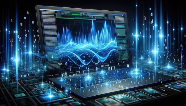 Computer display illuminated with vibrant blue digital binary data reflecting a sense of high speed