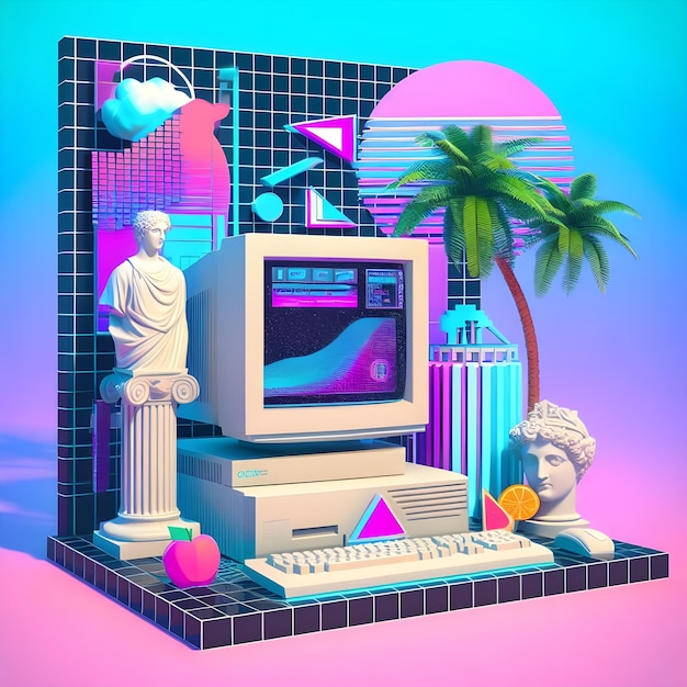 Photo a computer from the 90's in the style of vaporwave