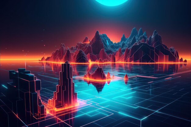 A computer game with a blue moon and a neon city on the horizon.