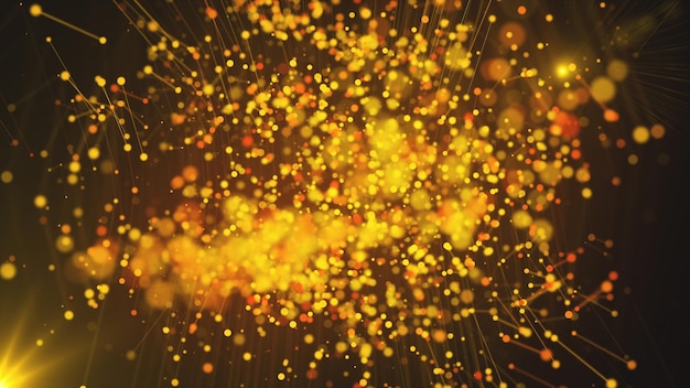 Computer generated abstract beautiful background Gold particles dots and lines 3d rendering