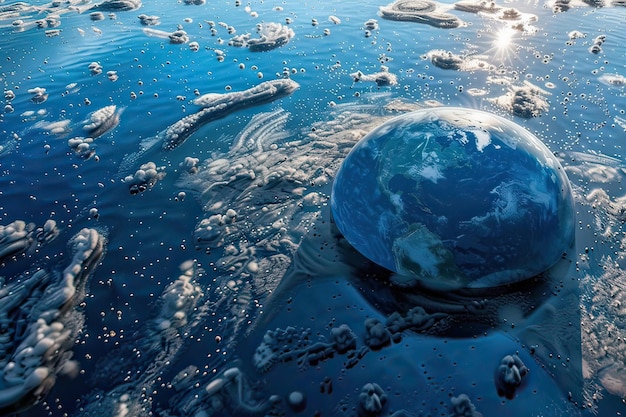 A computer generated image of the earth floating on the water in the ocean