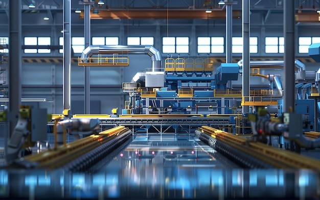 a computer generated image of a factory with a large pipe in the middle