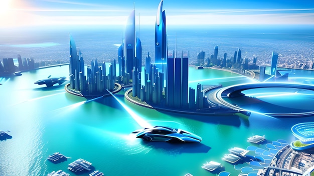 A computer generated image of a futuristic city with a yacht in the water