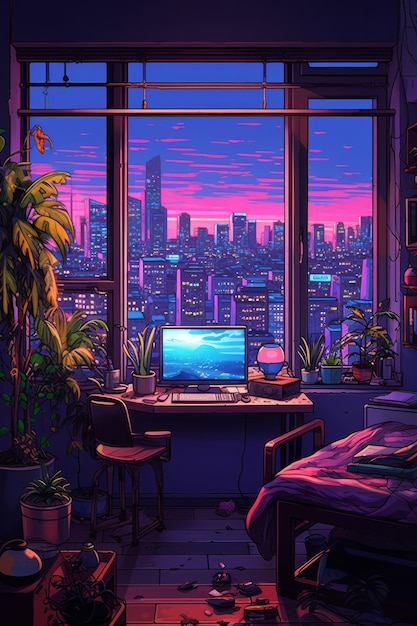 A computer is on a desk in front of a cityscape.