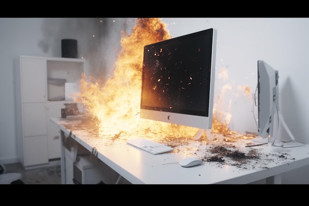 A computer is on fire and the screen is on fire.