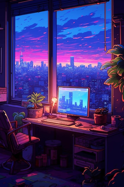 A computer is sitting on a desk in front of a city view.