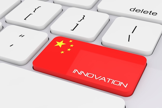 Computer Keyboard Key with China Flag and Innovation Sign extreme closeup. 3d Rendering.