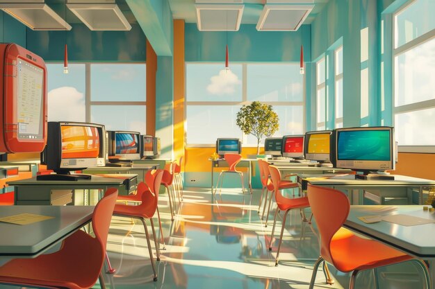 Photo a computer lab with rows of workstations featuring classic crt monitors a composition that blends traditional classroom settings with virtual learning environments