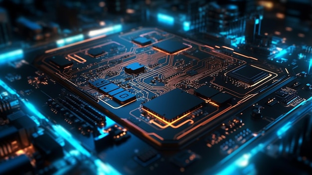 Computer microcircuit closeup 3d render Technology concept generative ai