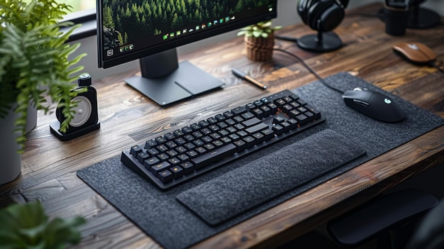 a computer monitor on a desk with a keyboard and headphones on it