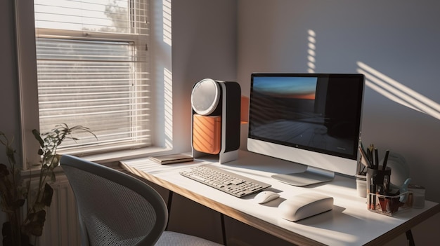 A computer monitor on a desk with a keyboard and a monitor.