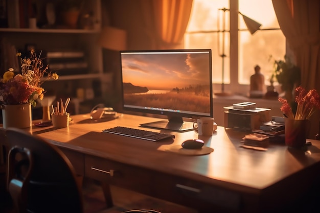 Computer monitor on a desk with a window in the background