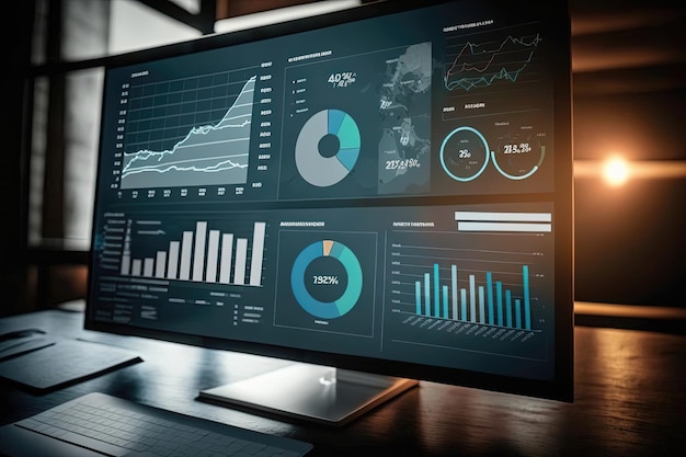 A computer monitor displaying various data visualizations and analytics conveying a sense of efficiency and productivity Generative of AI