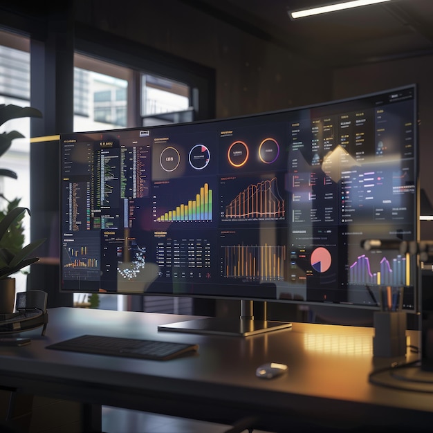 A computer monitor displays a variety of graphs and charts