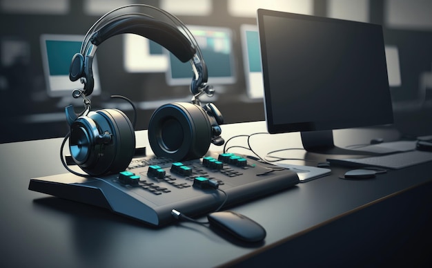 A computer monitor and headphones sit on a desk in front of a computer monitor.