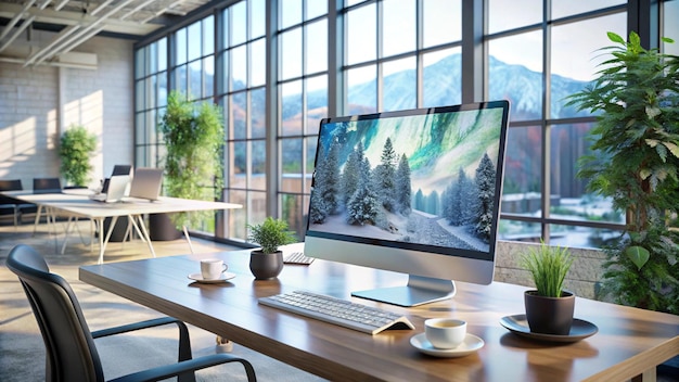 Photo a computer monitor is on a desk with a mountain view in the background