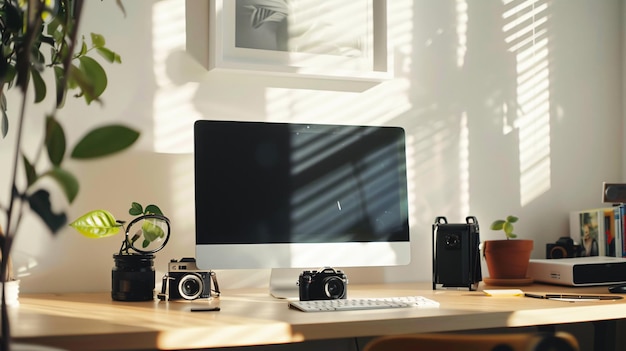 a computer monitor is on a desk with a picture of a plant and a picture of a plant on the wall