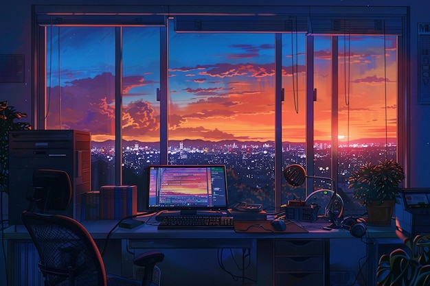 a computer monitor is on a desk with a sunset in the background