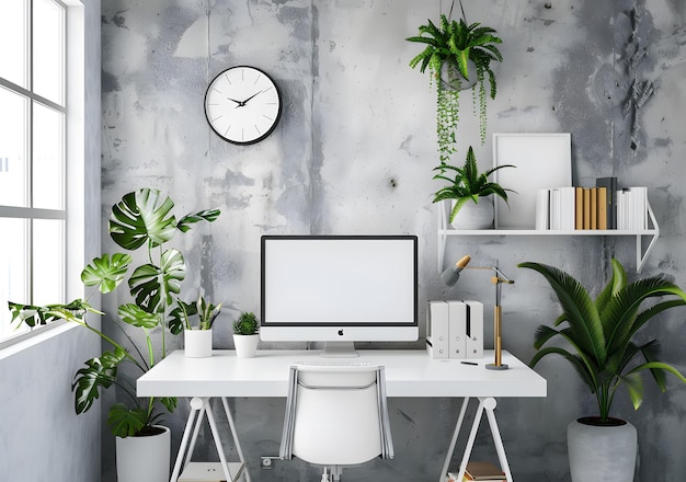 Photo a computer monitor is on a white desk with a clock above it