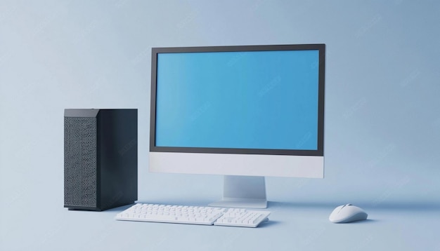 Photo a computer monitor and keyboard are sitting on a table