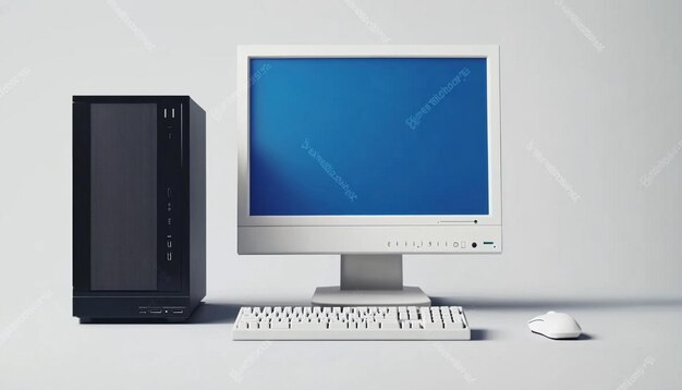 Photo a computer monitor and keyboard are sitting on a table