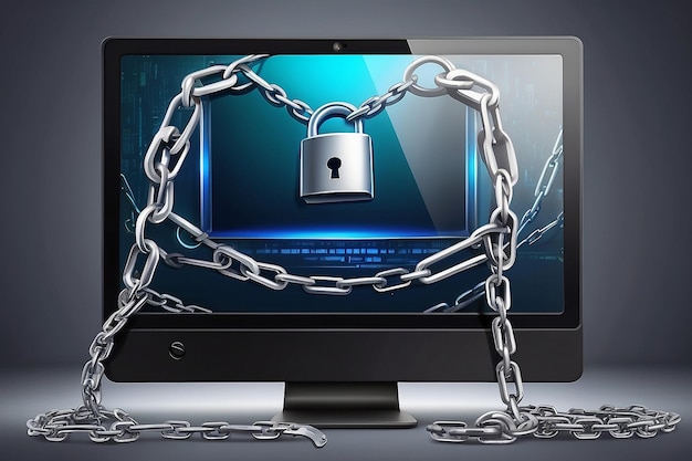 Computer monitor locked with a chain and lock Concept of safety information