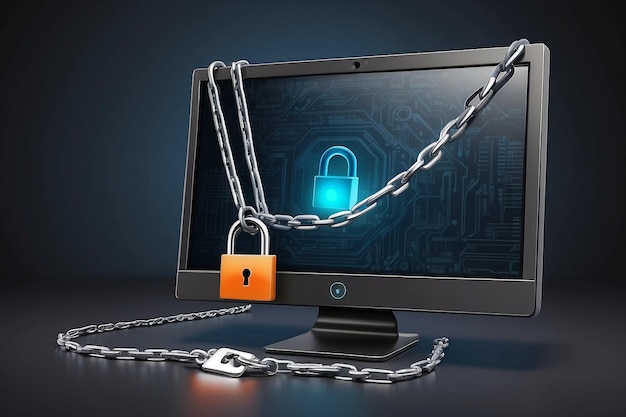 Computer monitor locked with a chain and lock Concept of safety information