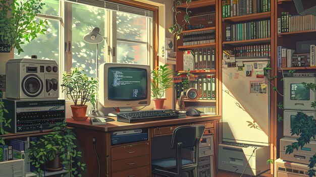 Photo a computer monitor sits on a desk next to a window with a plant in the corner