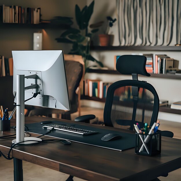 a computer monitor sits on a desk with a keyboard and a pen