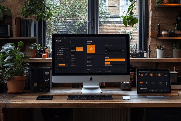 a computer monitor sits on a desk with a window in the background