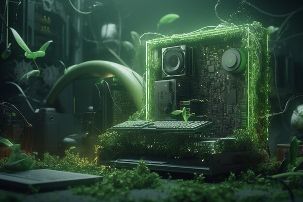 A computer monitor sits in a green forest with a green moss growing on it.