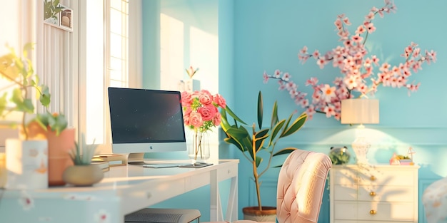 a computer monitor sits on a white desk with a flower pot in the background